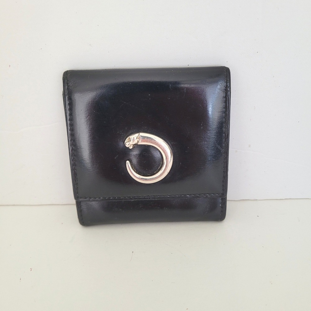 Cartier Paris Panthere Black Leather Coin Purse Silver Panther Logo Made France